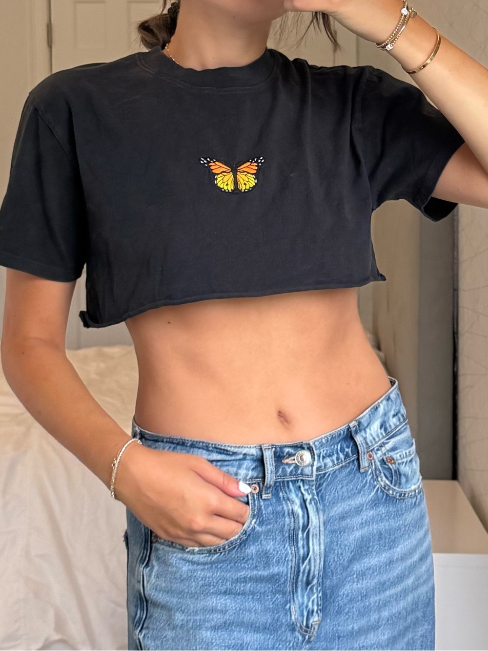 Brandy Melville Black Cropped Tee with Orange & Yellow Butterfly